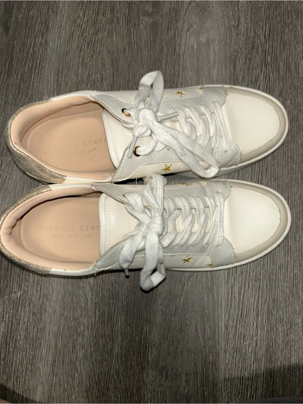 Altar'd State White Sneakers with Gold Star Embroidery and Metallic Heel